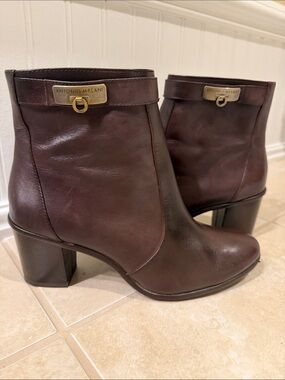 ANTONIO MELANI Dark Brown Leather Ankle Boots with Gold Plaque